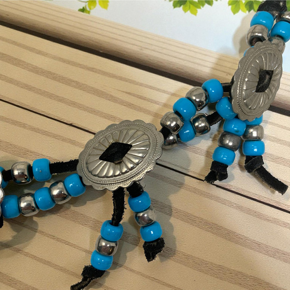 Vintage Artisan Made Southwestern Concho & Beaded Leather Tie Belt OOAK - Picture 3 of 5